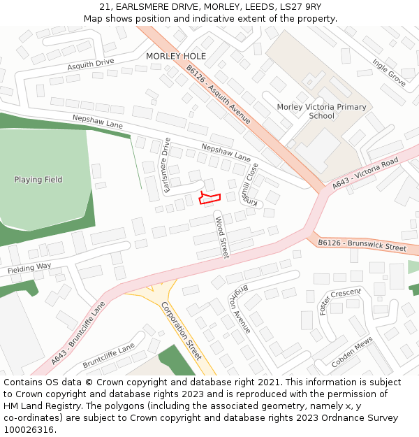 21, EARLSMERE DRIVE, MORLEY, LEEDS, LS27 9RY: Location map and indicative extent of plot