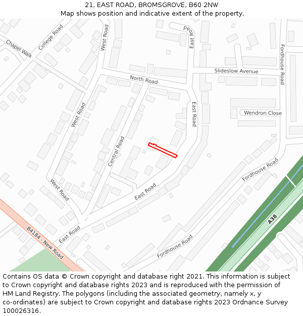 21, EAST ROAD, BROMSGROVE, B60 2NW: Location map and indicative extent of plot