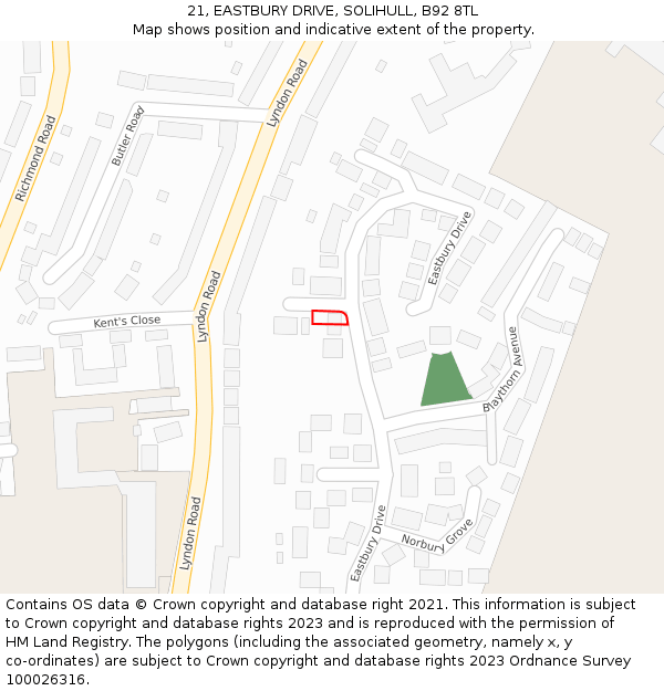 21, EASTBURY DRIVE, SOLIHULL, B92 8TL: Location map and indicative extent of plot