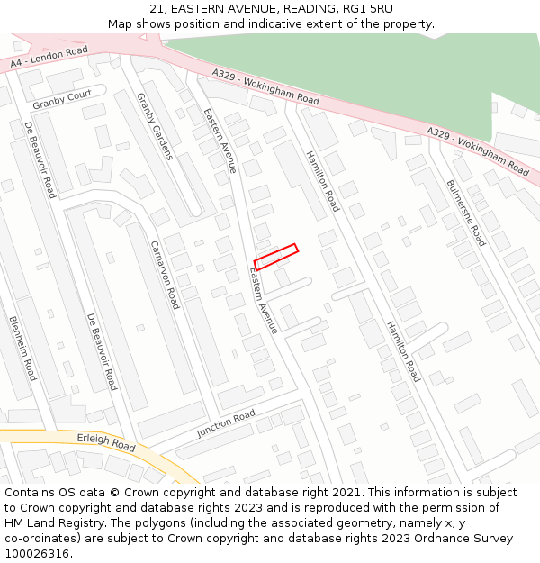 21, EASTERN AVENUE, READING, RG1 5RU: Location map and indicative extent of plot