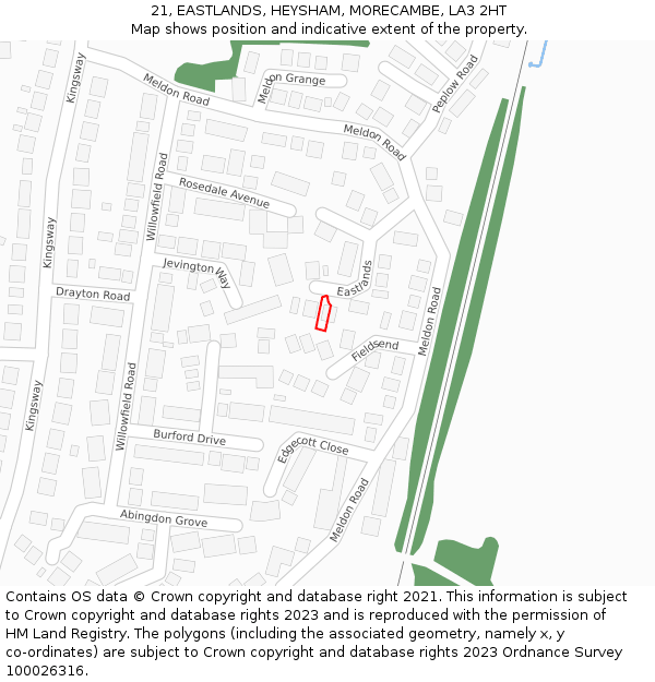 21, EASTLANDS, HEYSHAM, MORECAMBE, LA3 2HT: Location map and indicative extent of plot