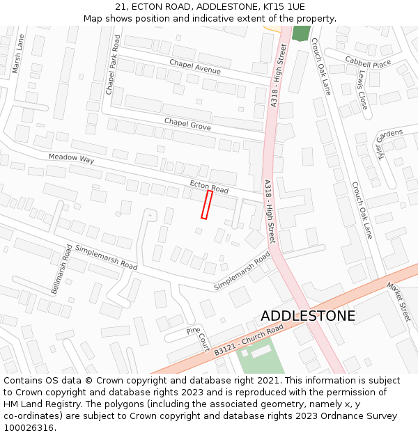 21, ECTON ROAD, ADDLESTONE, KT15 1UE: Location map and indicative extent of plot