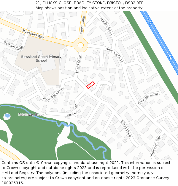 21, ELLICKS CLOSE, BRADLEY STOKE, BRISTOL, BS32 0EP: Location map and indicative extent of plot