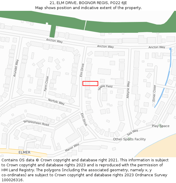 21, ELM DRIVE, BOGNOR REGIS, PO22 6JE: Location map and indicative extent of plot