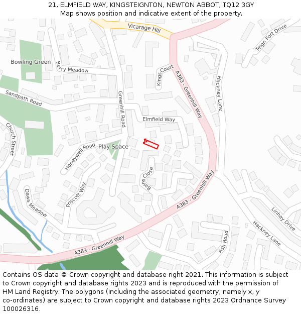 21, ELMFIELD WAY, KINGSTEIGNTON, NEWTON ABBOT, TQ12 3GY: Location map and indicative extent of plot