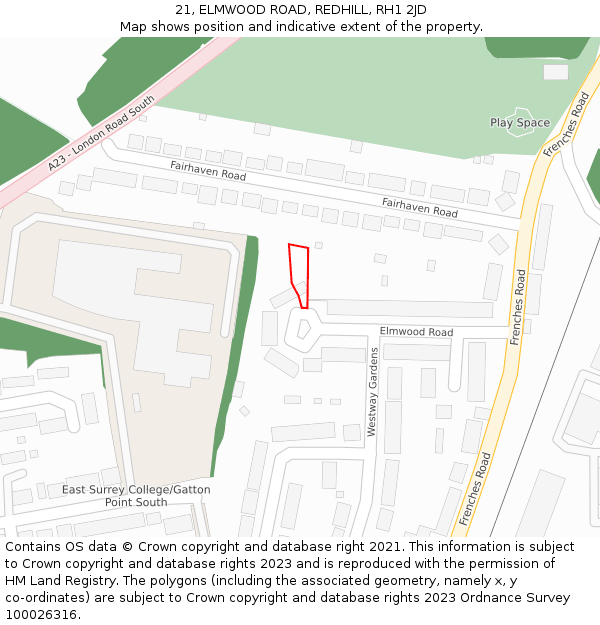 21, ELMWOOD ROAD, REDHILL, RH1 2JD: Location map and indicative extent of plot