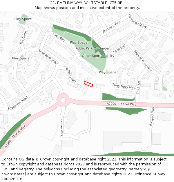 21, EMELINA WAY, WHITSTABLE, CT5 3RL: Location map and indicative extent of plot