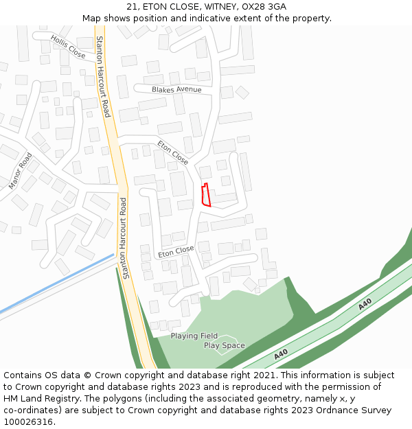 21, ETON CLOSE, WITNEY, OX28 3GA: Location map and indicative extent of plot