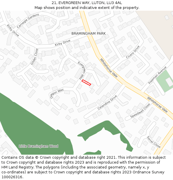 21, EVERGREEN WAY, LUTON, LU3 4AL: Location map and indicative extent of plot