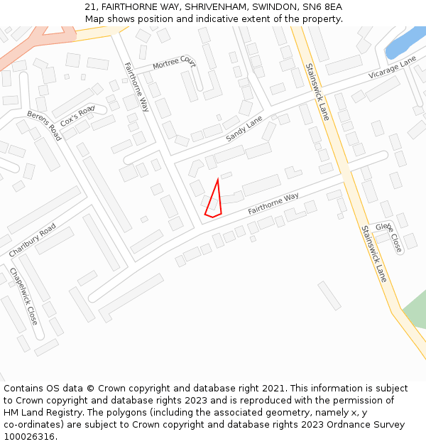 21, FAIRTHORNE WAY, SHRIVENHAM, SWINDON, SN6 8EA: Location map and indicative extent of plot