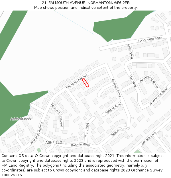 21, FALMOUTH AVENUE, NORMANTON, WF6 2EB: Location map and indicative extent of plot