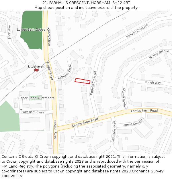 21, FARHALLS CRESCENT, HORSHAM, RH12 4BT: Location map and indicative extent of plot