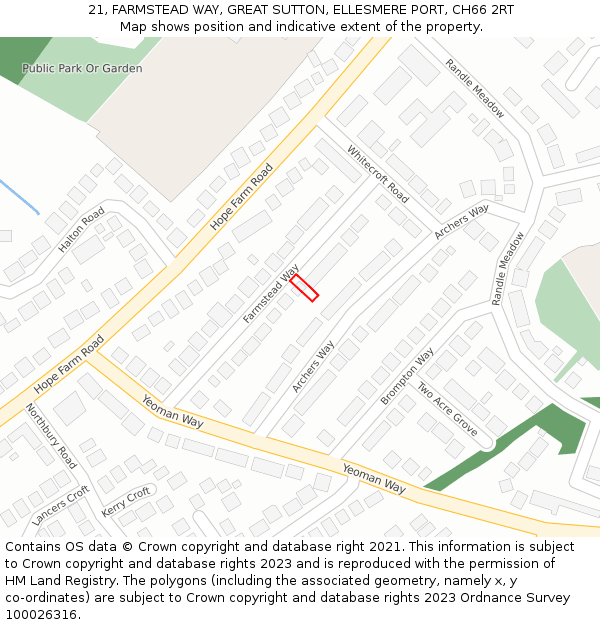 21, FARMSTEAD WAY, GREAT SUTTON, ELLESMERE PORT, CH66 2RT: Location map and indicative extent of plot