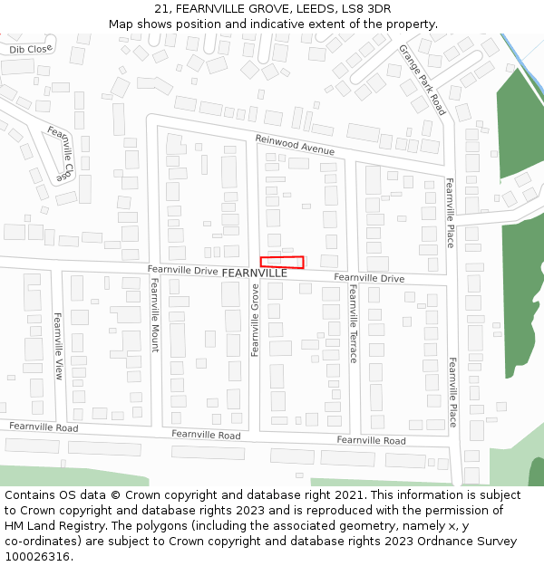 21, FEARNVILLE GROVE, LEEDS, LS8 3DR: Location map and indicative extent of plot