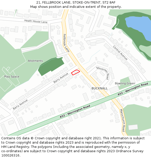 21, FELLBROOK LANE, STOKE-ON-TRENT, ST2 8AF: Location map and indicative extent of plot