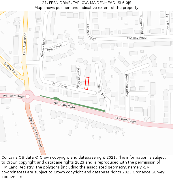 21, FERN DRIVE, TAPLOW, MAIDENHEAD, SL6 0JS: Location map and indicative extent of plot
