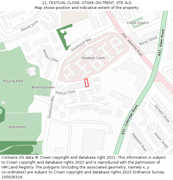 21, FESTIVAL CLOSE, STOKE-ON-TRENT, ST6 3LG: Location map and indicative extent of plot