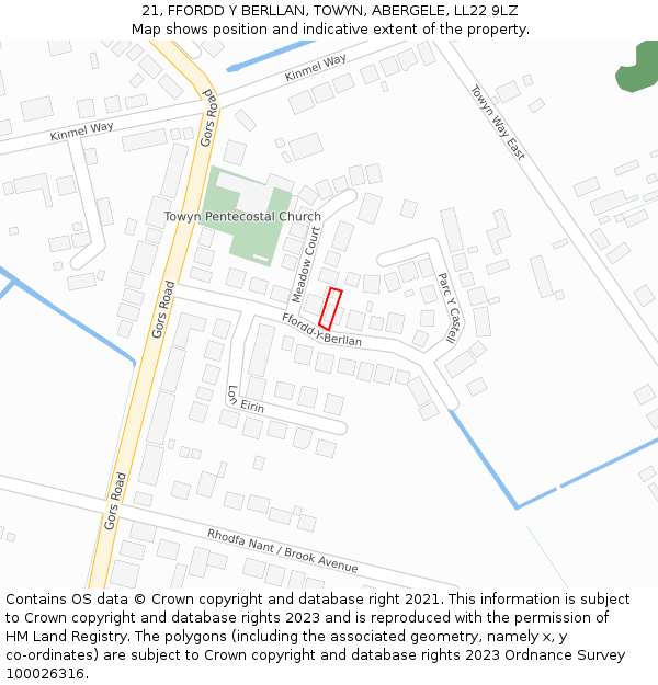 21, FFORDD Y BERLLAN, TOWYN, ABERGELE, LL22 9LZ: Location map and indicative extent of plot