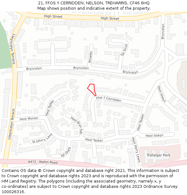 21, FFOS Y CERRIDDEN, NELSON, TREHARRIS, CF46 6HQ: Location map and indicative extent of plot