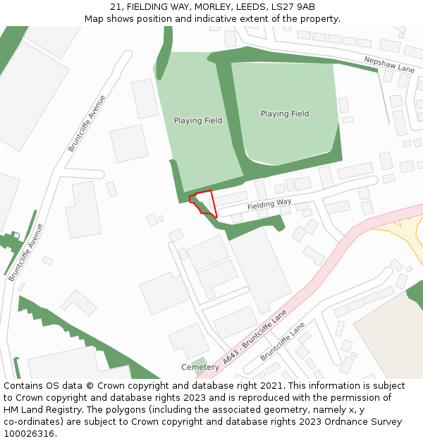 21, FIELDING WAY, MORLEY, LEEDS, LS27 9AB: Location map and indicative extent of plot