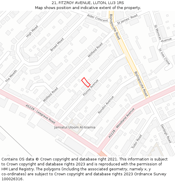 21, FITZROY AVENUE, LUTON, LU3 1RS: Location map and indicative extent of plot