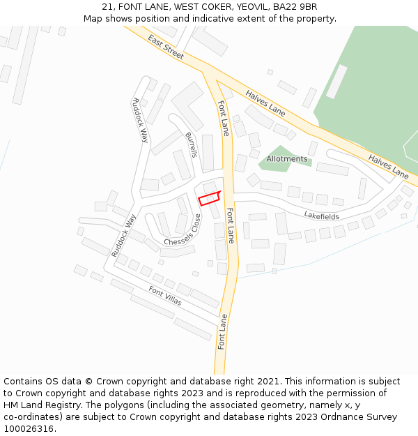 21, FONT LANE, WEST COKER, YEOVIL, BA22 9BR: Location map and indicative extent of plot