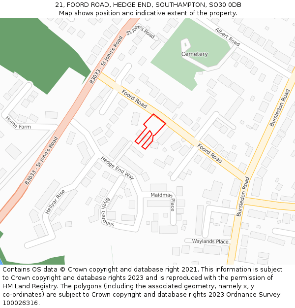 21, FOORD ROAD, HEDGE END, SOUTHAMPTON, SO30 0DB: Location map and indicative extent of plot