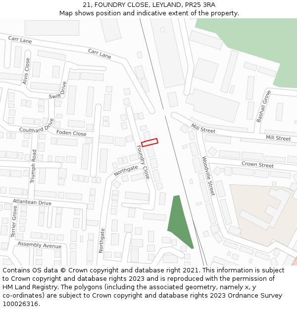 21, FOUNDRY CLOSE, LEYLAND, PR25 3RA: Location map and indicative extent of plot