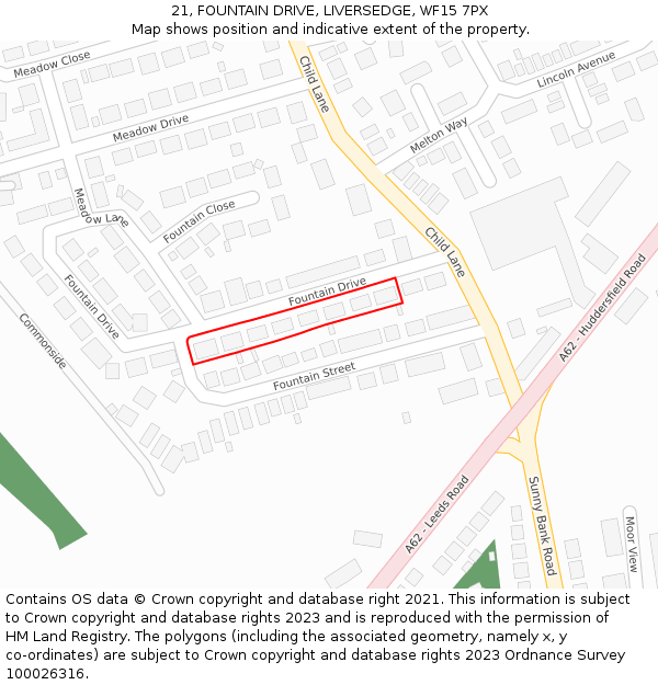 21, FOUNTAIN DRIVE, LIVERSEDGE, WF15 7PX: Location map and indicative extent of plot