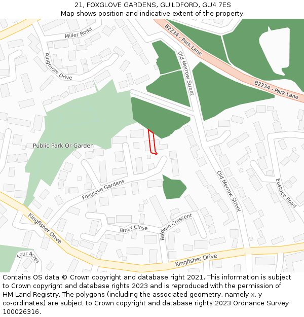 21, FOXGLOVE GARDENS, GUILDFORD, GU4 7ES: Location map and indicative extent of plot