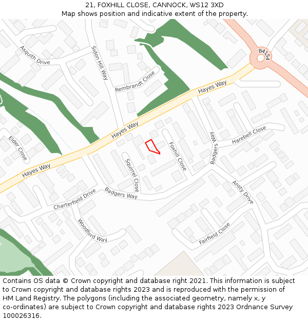 21, FOXHILL CLOSE, CANNOCK, WS12 3XD: Location map and indicative extent of plot