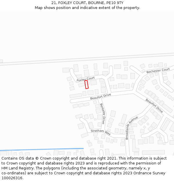 21, FOXLEY COURT, BOURNE, PE10 9TY: Location map and indicative extent of plot