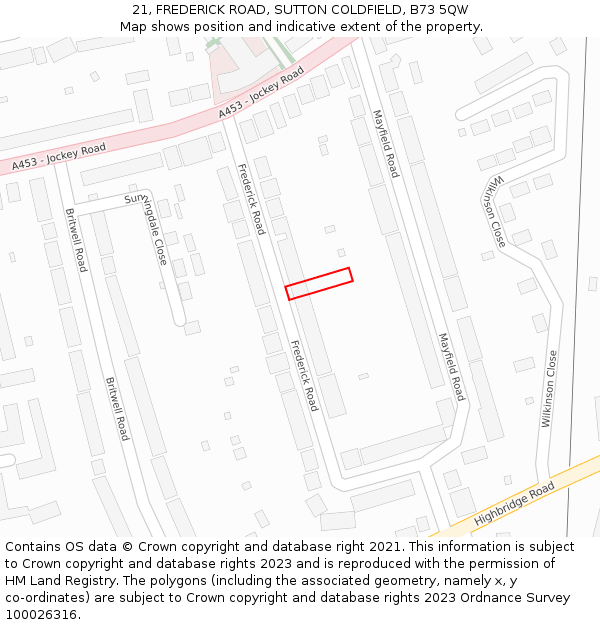 21, FREDERICK ROAD, SUTTON COLDFIELD, B73 5QW: Location map and indicative extent of plot