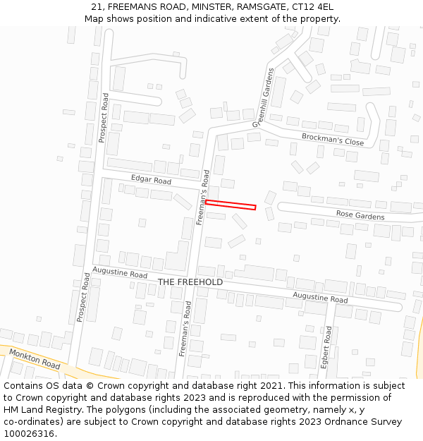 21, FREEMANS ROAD, MINSTER, RAMSGATE, CT12 4EL: Location map and indicative extent of plot