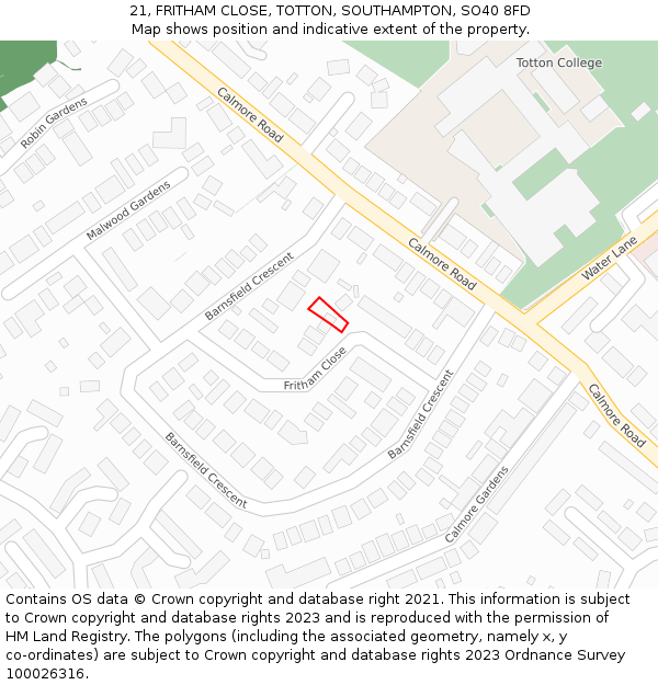 21, FRITHAM CLOSE, TOTTON, SOUTHAMPTON, SO40 8FD: Location map and indicative extent of plot