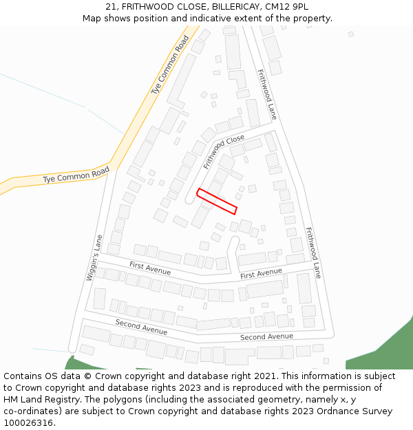 21, FRITHWOOD CLOSE, BILLERICAY, CM12 9PL: Location map and indicative extent of plot