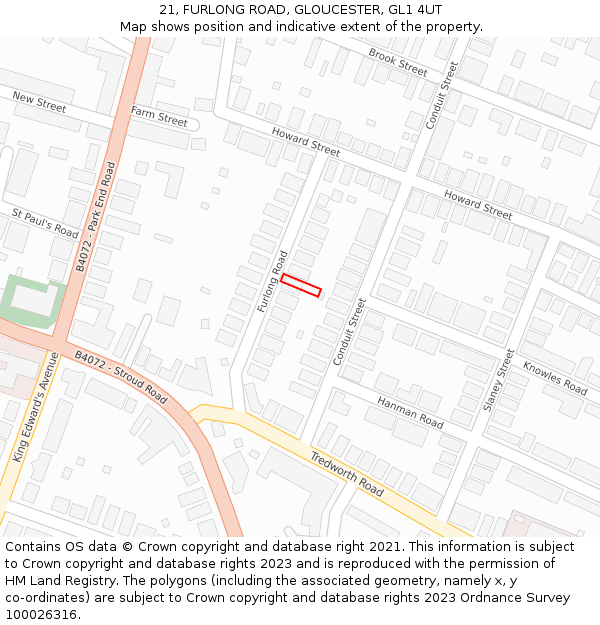 21, FURLONG ROAD, GLOUCESTER, GL1 4UT: Location map and indicative extent of plot