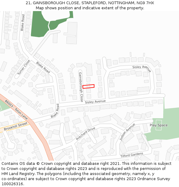 21, GAINSBOROUGH CLOSE, STAPLEFORD, NOTTINGHAM, NG9 7HX: Location map and indicative extent of plot