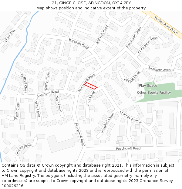 21, GINGE CLOSE, ABINGDON, OX14 2PY: Location map and indicative extent of plot