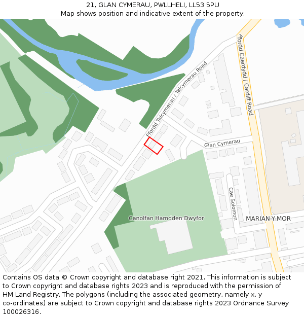 21, GLAN CYMERAU, PWLLHELI, LL53 5PU: Location map and indicative extent of plot
