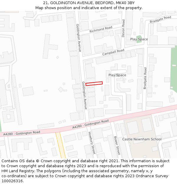 21, GOLDINGTON AVENUE, BEDFORD, MK40 3BY: Location map and indicative extent of plot