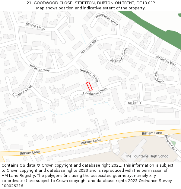 21, GOODWOOD CLOSE, STRETTON, BURTON-ON-TRENT, DE13 0FP: Location map and indicative extent of plot
