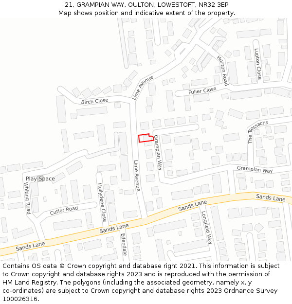 21, GRAMPIAN WAY, OULTON, LOWESTOFT, NR32 3EP: Location map and indicative extent of plot