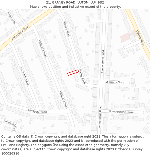 21, GRANBY ROAD, LUTON, LU4 9SZ: Location map and indicative extent of plot