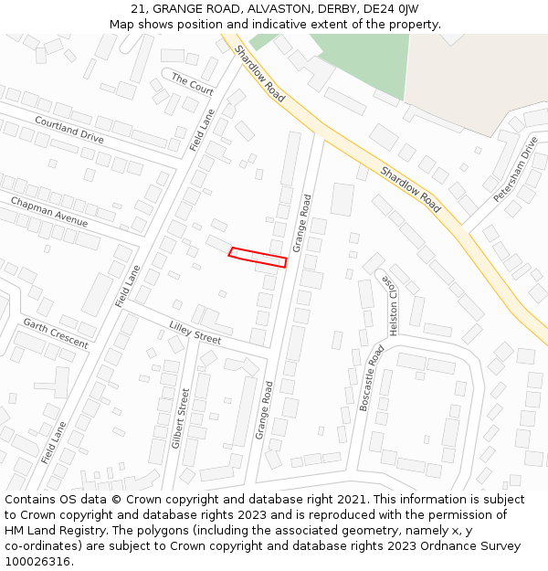 21, GRANGE ROAD, ALVASTON, DERBY, DE24 0JW: Location map and indicative extent of plot