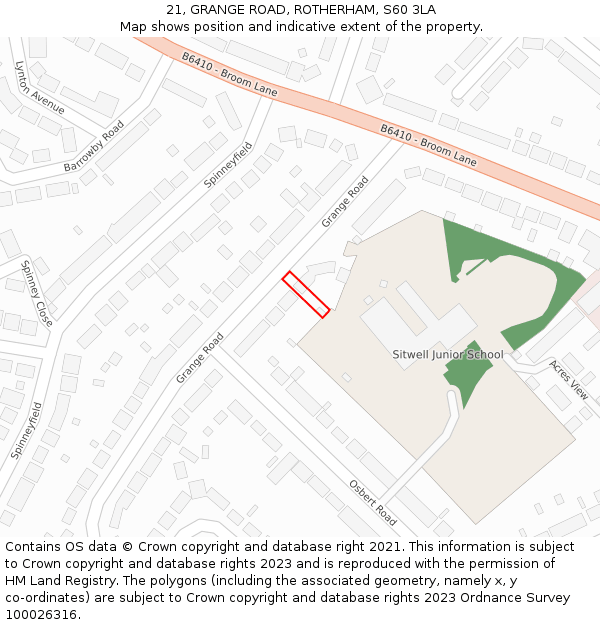 21, GRANGE ROAD, ROTHERHAM, S60 3LA: Location map and indicative extent of plot