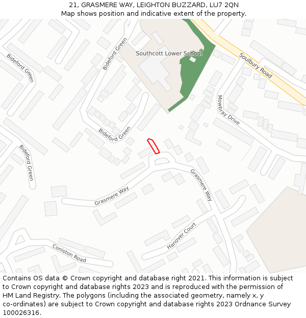 21, GRASMERE WAY, LEIGHTON BUZZARD, LU7 2QN: Location map and indicative extent of plot