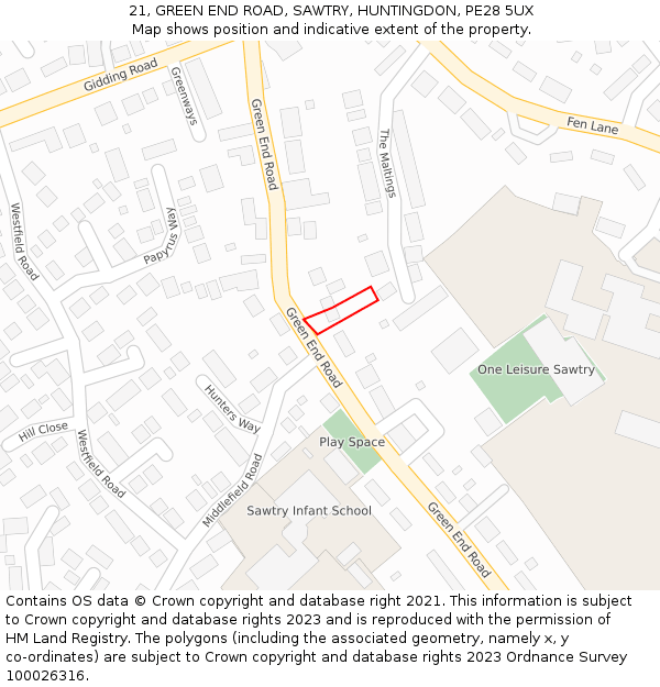 21, GREEN END ROAD, SAWTRY, HUNTINGDON, PE28 5UX: Location map and indicative extent of plot