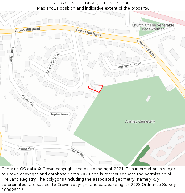 21, GREEN HILL DRIVE, LEEDS, LS13 4JZ: Location map and indicative extent of plot