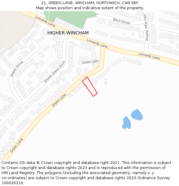 21, GREEN LANE, WINCHAM, NORTHWICH, CW9 6EF: Location map and indicative extent of plot